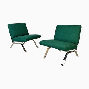 Italian Modern Steel and Green Cotton Lounge Chairs attributed to Gastone Rinaldi, 1970s, Set of 2