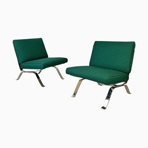 Set of Italian Modern Steel and Green Cotton Lounge Chairs attributed to Gastone Rinaldi, 1970s