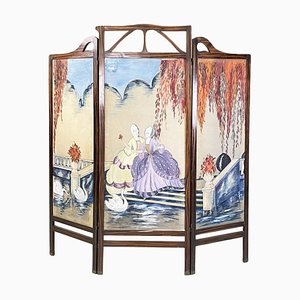 Italian Fabric and Wood Hand Painted Screen, 1890s
