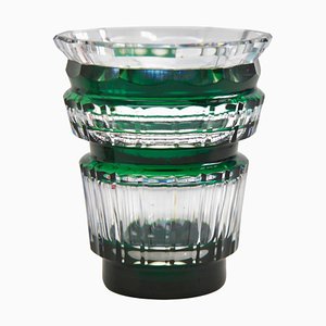 Art Deco Green Cut-to-Clear Crystal Vase from Val Saint-Lambert, 1950s