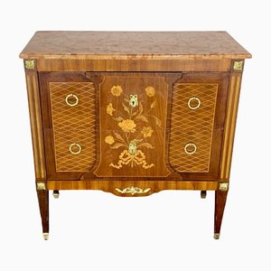 Louis XVI Style Dresser with Flower Marquetry & Pink Marble, 1920s