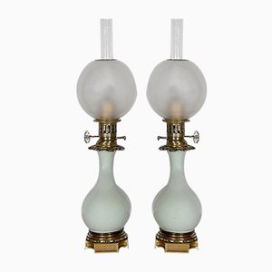 19th Century Napoleon III Oil Table Lamps in Celadon and Bronze, Set of 2