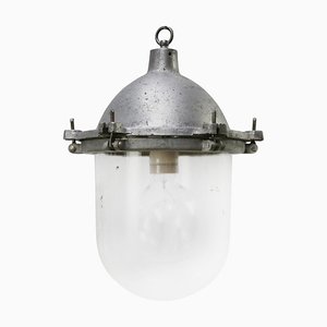 Lámpara colgante industrial vintage de metal plateado y vidrio transparente