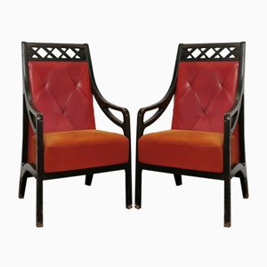 Art Déco Armchair in Wood, Velvet and Brass, Italy, 1930s, Set of 10