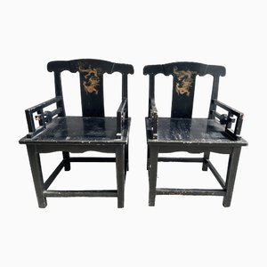 19th Century Chinese Chairs in Lacquered Black Wood with Gilt Decoration, 1890s, Set of 2