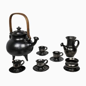 Tea Service in Black Ceramic by Jean Marais, 1980, Set of 7