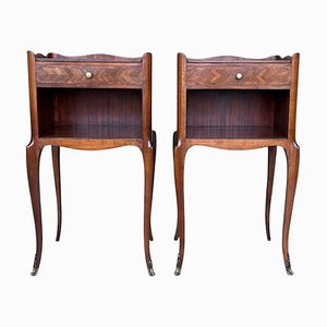 20th Century Marquetry Walnut Nightstands with Drawers and Open Shelves, Set of 2