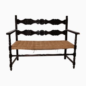 Mid-Century Black Wood and Straw Bench