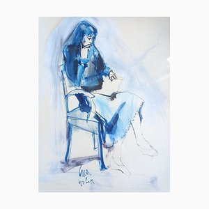 Philippe Caracostea, Girl on a Chair, Mixed Media on Paper, 1970er, Gerahmt