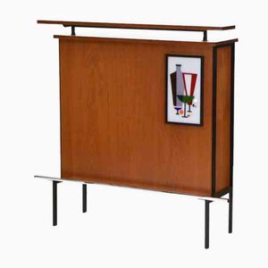 Mid-Century French Teak Cocktail Drinks Bar with Illuminated Panel, 1960s