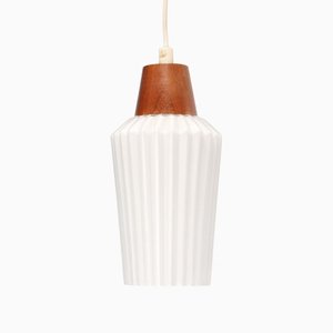 White Ribbed Glass and Teak Hanging Light, 1960s