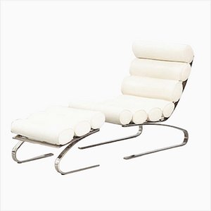 Set of Vintage Easy Chair & Ottoman in White Leather, 1980s