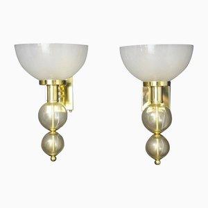 Elfenbeinfarbene & goldene Tassenlampen aus Muranoglas & Messing, 1980er, 2er Set