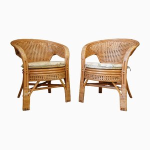 Wicker Rattan and Bamboo Barrel Chairs, 1960s, Set of 2