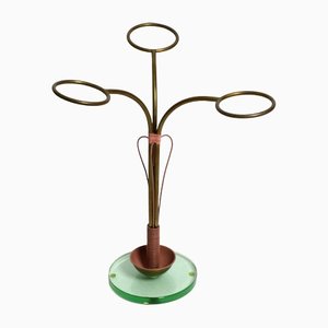 Italian Modern Brass Umbrella Stand with Glass Base, 1950s