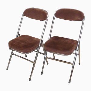 Folding Chairs in Chrome and Brown Cord, 1970s, Set of 2