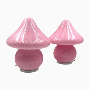 Pink Mushroom Murano Glass Table Lamps, Italy, 1980s, Set of 2