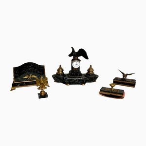 Empire Style Marble and Bronze Clock Set, Late 1800s, Set of 5