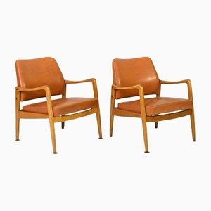 Set of Vintage Teak and Leather Armchairs, 1950s