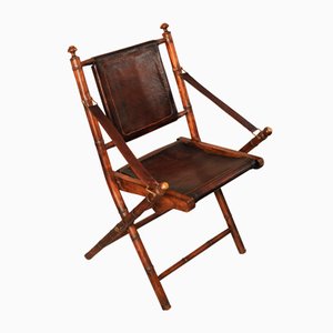 Klappbarer Safari-Sessel aus Kunstbambus & braunem Leder, 1950er