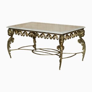 Italian Brass & Carrara Marble Coffee Table with Thick Cut Top, 1880s