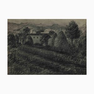 Achille Lega, paisaje, dibujo al carbón, 1928
