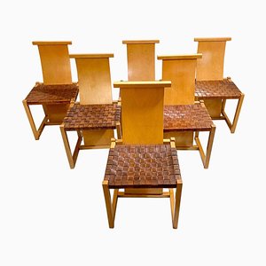 Mid-Century Modern Wood and Leather Chairs, Italy, 1950s, Set of 6