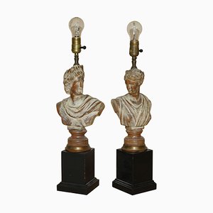 French Neoclassical Bust Lamps in Carved & Limed Oak, Set of 2