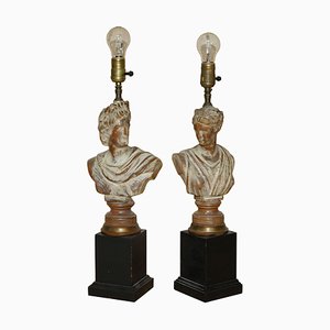 Lámparas de busto neoclásicas francesas de roble tallado y a la cal. Juego de 2