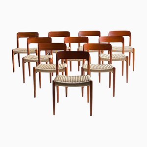 Teak & Paper Cord Model 75 Dining Chairs by Niels Moller for J.L. Møllers, 1960s, Set of 10