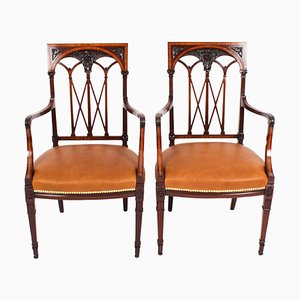 19th Century Sheraton Revival Satinwood Banded Armchairs, Set of 2