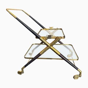 Brass and Black Lacquer Bar Trolley with Removable Tray by Cesare Lacca, 1950s