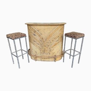 French Riviera Bamboo Bar with Decorative Floral Design Front, 1970s