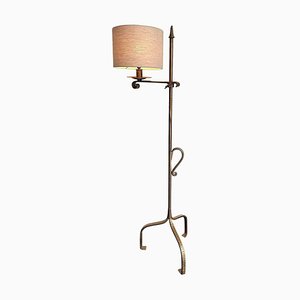 Spanish Adjustable Gilt Floor Lamp in Wrought Iron with Linen Shade, 1950s