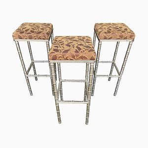 French Bar Stools in Faux Bamboo and Chrome with Leaf Fabric, 1960s, Set of 3