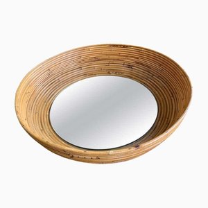 French Riviera Circular Bowl Shaped Mirror in Bamboo, 1960s