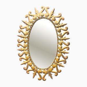 Specchio da parete ovale in metallo dorato, Spagna, anni '50