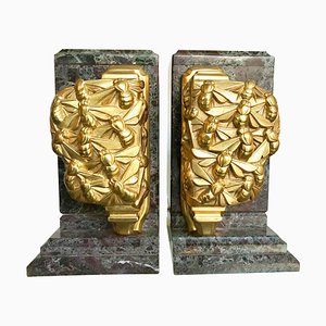 Art Deco Bookends in Amazonite Marble with Cast Gilt Metal Bees, 1930s, Set of 2
