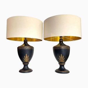 Black Ceramic Gilt Painted Lamps in Classical Style, 1970s, Set of 2