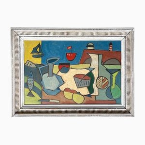 Abstract Still Life Against Harbour Backdrop, 1950s, Painting, Framed