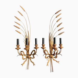 Large Italian Wheat Sheaf Wall Sconces in Gilt Metal, 1950s, Set of 2
