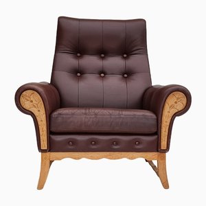 Fauteuil à Dossier Haut Vintage en Cuir et Chêne, Danemark, 1970s