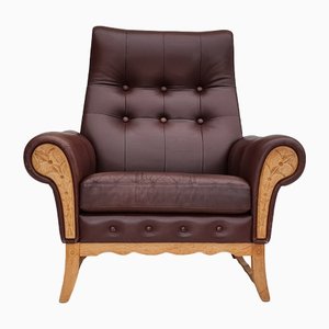 Vintage Danish Leather and Oak Highback Armchair, 1970s