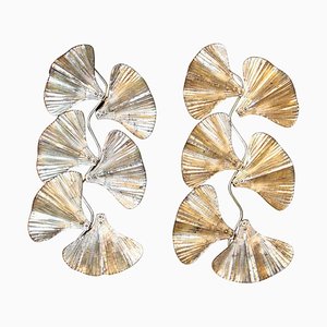 Golden Gingko Murano Glass Leaf Sconces in the style of Tommaso Barbi, 1990s, Set of 2