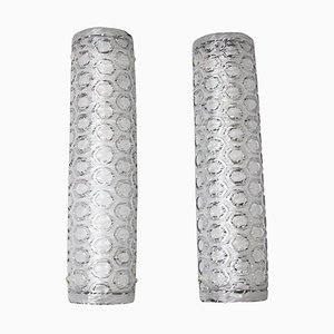 Große zylinderförmige Wandleuchten aus klarem & weißem strukturiertem Muranoglas, 2000, 2er Set