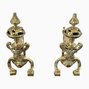 Antique Victorian Ornate Brass Fire Dogs, 1870s, Set of 2