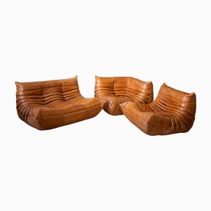 Pine Leather Togo Lounge Chair, Corner and 2-Seat Sofa by Michel Ducaroy for Ligne Roset, Set of 3