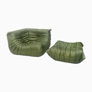Vintage French Forest Green Leather Togo Cornerseat & Ottoman by Michel Ducaroy for Ligne Roset, 1970s, Set of 2