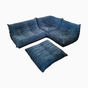 Togo Modular Sofa in Blue Corduroy with Footstool by Michel Ducaroy for Ligne Roset, 1970s, Set of 4