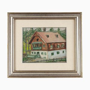 Inconnu, Mountain House, Dessin à la Tempera, Milieu du 20ème Siècle, Encadré